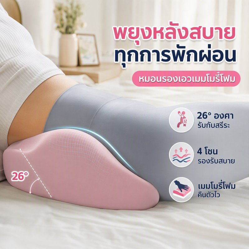 หมอนรองเอว เมมโมรี่โฟม หมอนรองหลัง สรีระศาสตร์ รองรับกระดูกสันหลัง ผ้าปกถอดซักได้ นุ่ม