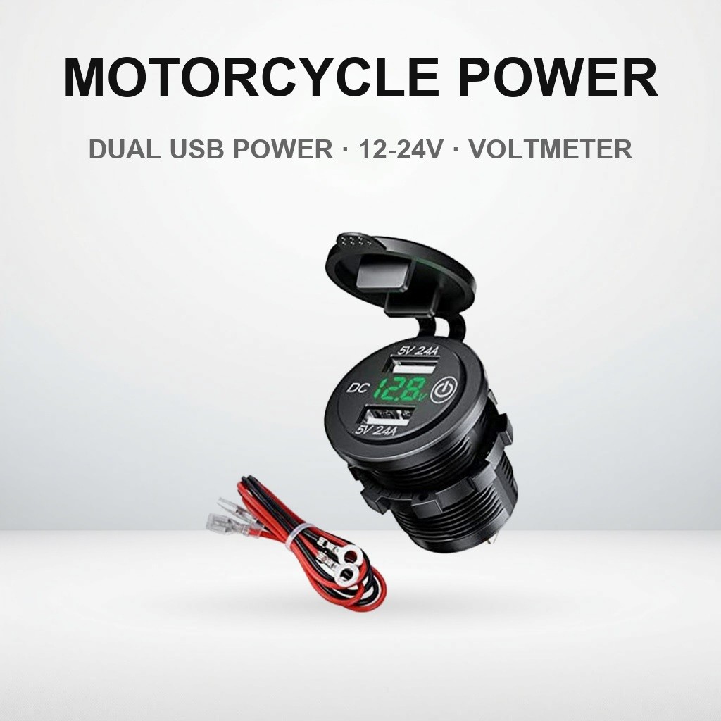 Waterproof Power Supply with Blue LED for Motorcycles - 12-24V Marine Use with Voltage Meter - 5V 2.
