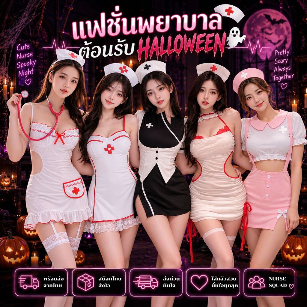 NIGHT TIME ชุดแฟนซีคุณพยาบาล Halloween Costume ชุดปาร์ตี้ผู้หญิง พร้อมส่ง M-5XL | 40-100กก. SET-1416