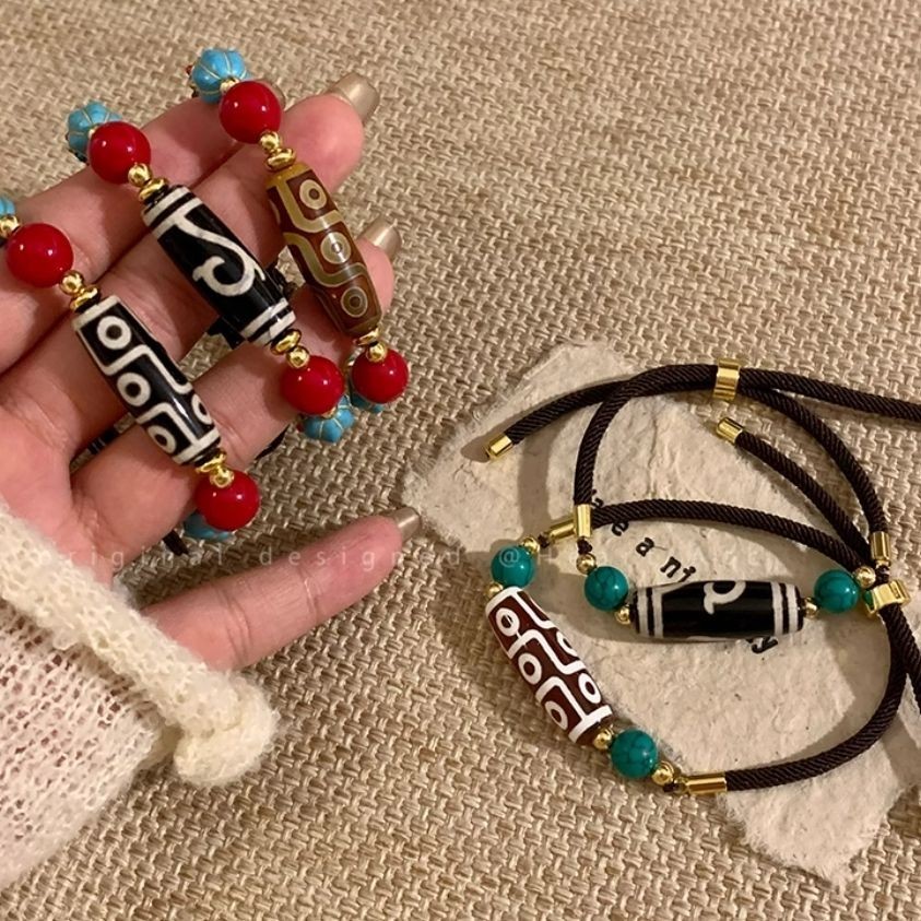 W ทอ Dzi สร้อยข้อมือเก้าตาทิเบต Retro สร้อยคอชาติพันธุ์คู่อุปกรณ์เสริมออกแบบสร้อยข้อมือเสื้อกันหนาวจ
