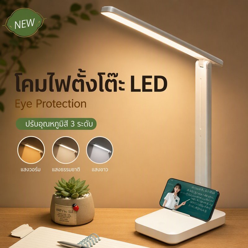 โคมไฟตั้งโต๊ะ LED ปรับอุณหภูมิสี 3 ระดับ ปรับความสว่างแบบไร้ระดับ ใช้ได้ทั้งอ่านหนังสือ ทำงาน