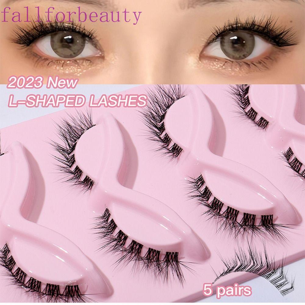FALLFORBEAUTY 5 คู่ L Curl ขนตาปลอม, 3D Eye Tail ยาว Cat Eye ปลอม Lashes, ธรรมชาติยาวปีกเฉียง Clear Stem Faux Mink Lashes ผู้หญิง