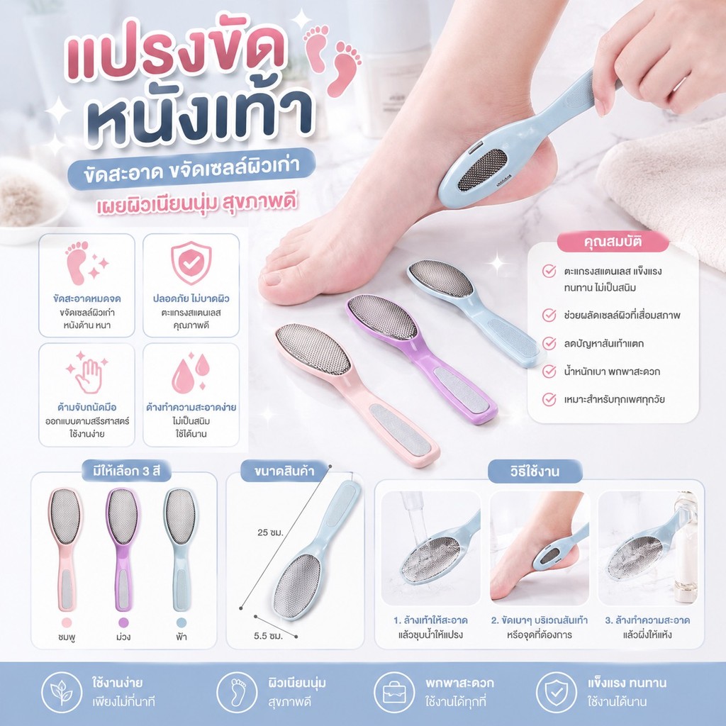 365mall(ร้านไทย)(MJD02) ที่ขัดเท้า ขจัดผิวที่ตายแล้ว ลดส้นเท้าแตกกร้าน เท้าแตก 2in1（คละสี)