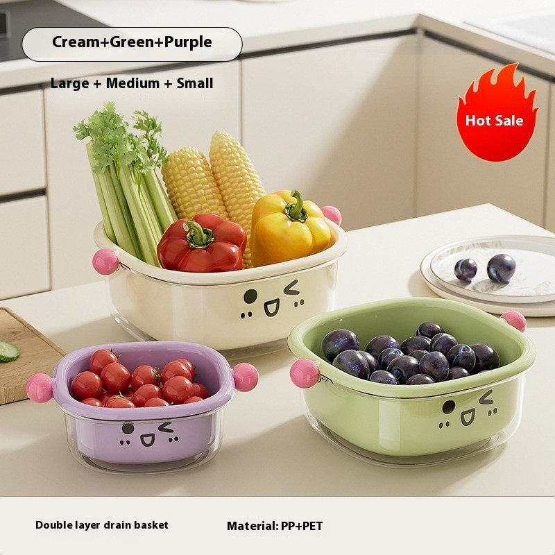Large Plastic Washing Bowl 2-Tier Drain Basket with Cover | Kitchen Strainer & Fruit Storage Bowl fo