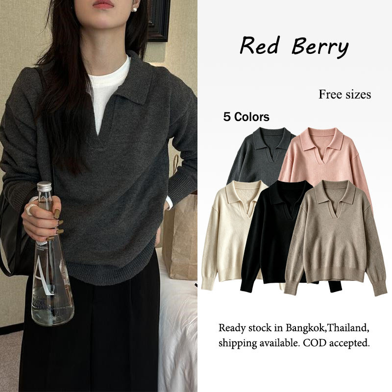 Red Berry-เสื้อไหมพรมถักคอปกโปโลแบบสวมหัวสำหรับผู้หญิง ดีไซน์ลำลองและทันสมัยสำหรับฤดูใบไม้ร่วง-88046
