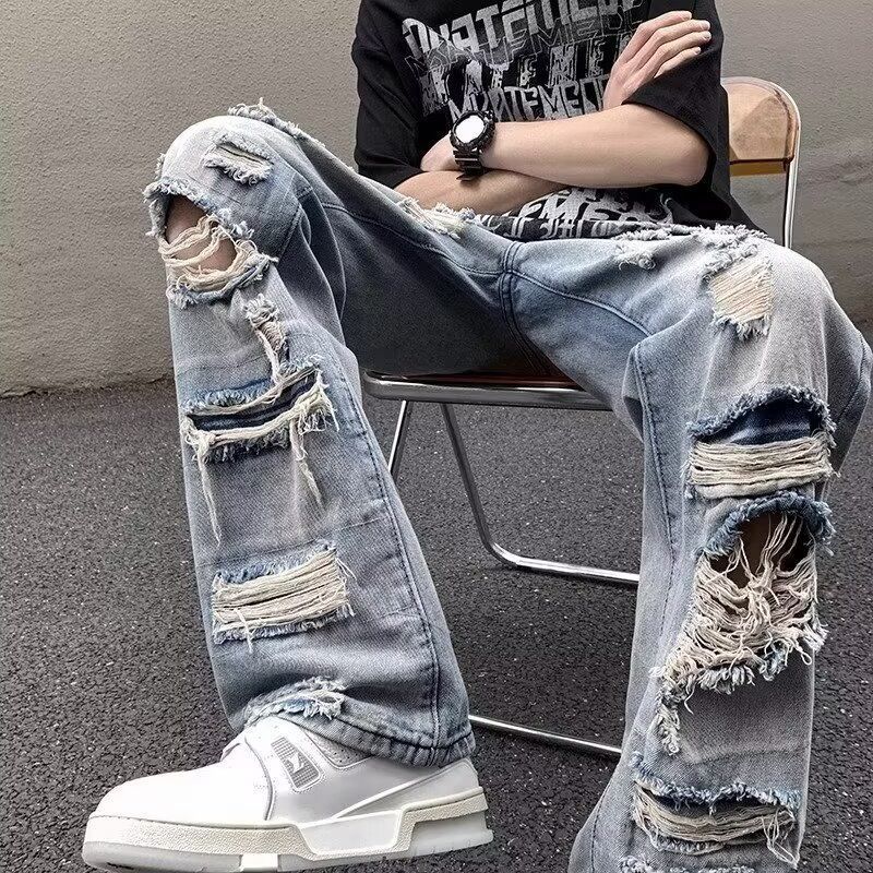 【ks1039.th】 vibe美式街头破洞牛仔裤男设计感小众国潮高街裤子潮牌夏季乞丐裤Vibe American-style Street Ripped Jeans for Me 【09026Jyj