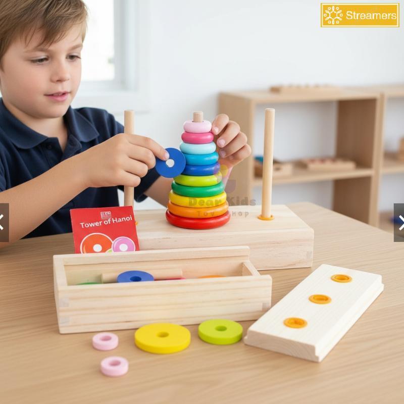 {Streamers} 8 Rings Tower Of Hanoi Learning ของเล่นไม้ 8 ชั้น Rainbow Tower Building Blo ใหม่
