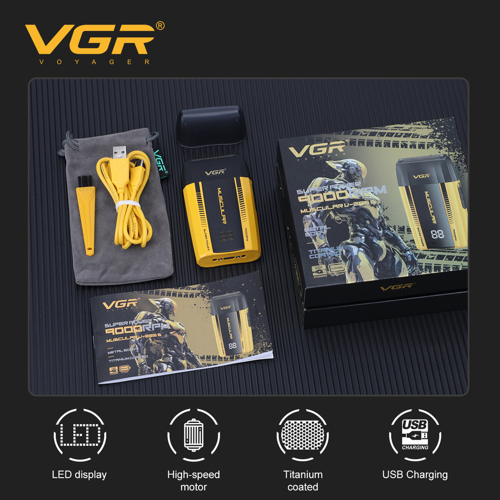 VGR เครื่องโกนหนวดฟอยล์ไฟฟ้า V-285S 9000RPM เคลือบไทเทเนียมจอแสดงผล LED ตัวเครื่องโลหะ