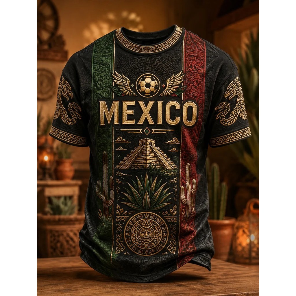 เม็กซิโกสีดําพิมพ์เสื้อยืดฟุตบอลฟุตบอล Aztec Pyramid Sun Calendar Eagle Cactus Agave Unisex