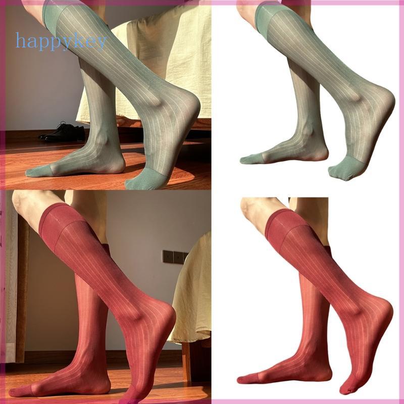 Hap Mens Business Nylon Sheer Dress Socks Thin See Through Wide Striped Long Socks