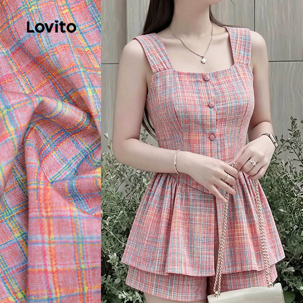 (New Arrival) Lovito ชุดกางเกงขาสั้นลําลองทรงพลีทลายทางสําหรับผู้หญิง สีชมพูลายทาง เหมาะกับฤดูใบไม้ผลิ/ฤดูร้อน L198ED584