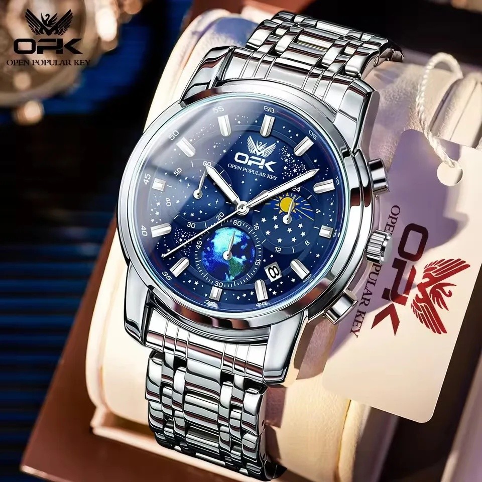 OPK 8142 Mens Watch Starry Sky Moon Phase Chronograph Luxury Quartz Waterproof Silver Blue