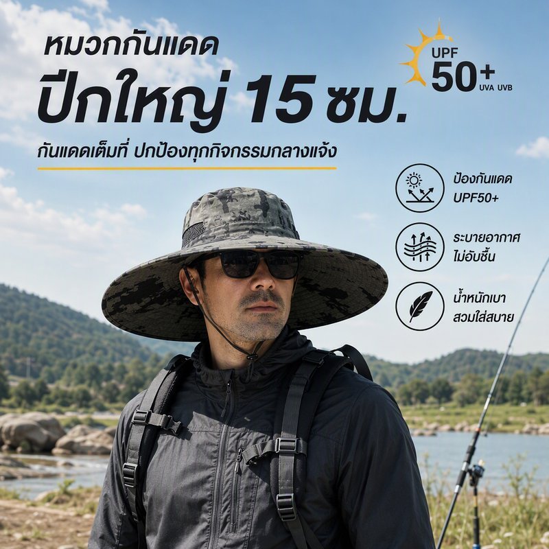 หมวกกันแดดผู้ชาย หมวกกลางแจ้ง ปีกกว้าง 15CM กันแดด กัน UV หมวกตกปลา เดินป่า หน้าร้อน