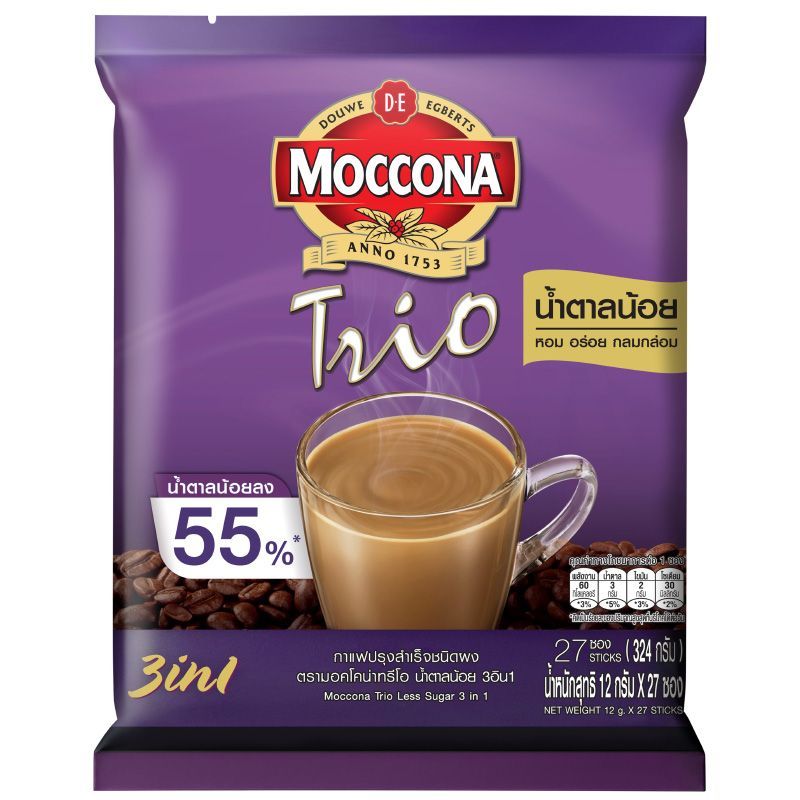 มอคโคน่าทรีโอกาแฟปรุงสำเร็จชนิดผงน้ำตาลน้อย 12กรัม แพค 27ซอง Moccona Trio Less Sugar 12gX27