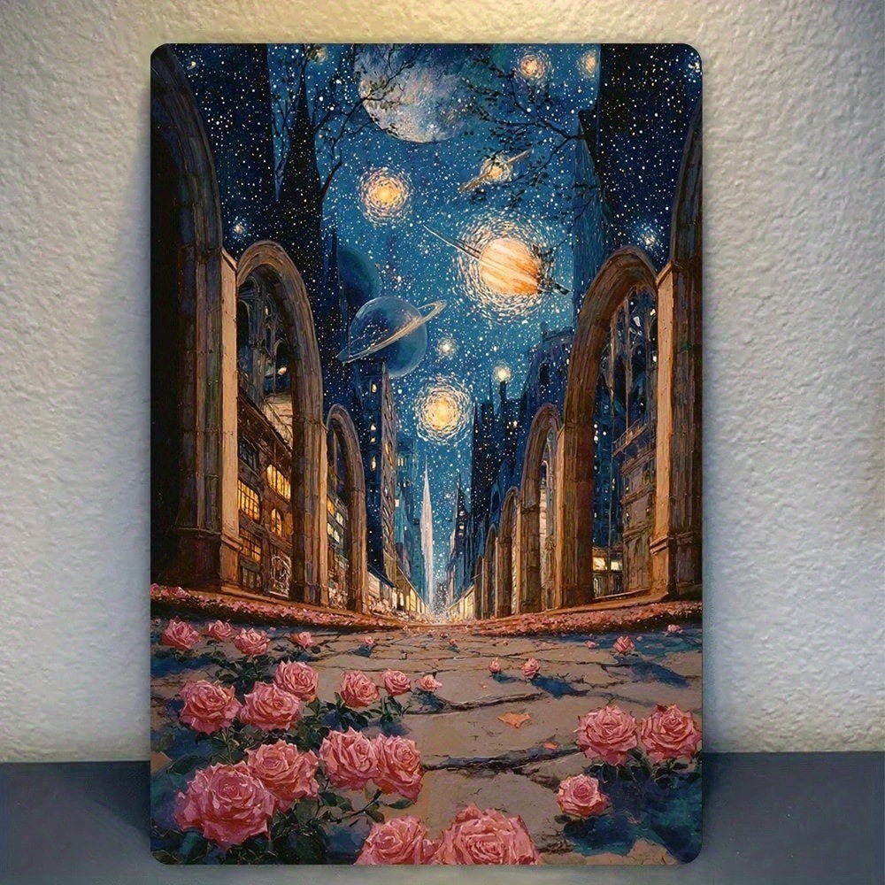 CIFbuy Vintage Starry Night & Rose Cityscape 2D Wall Art ไม่มีไฟ