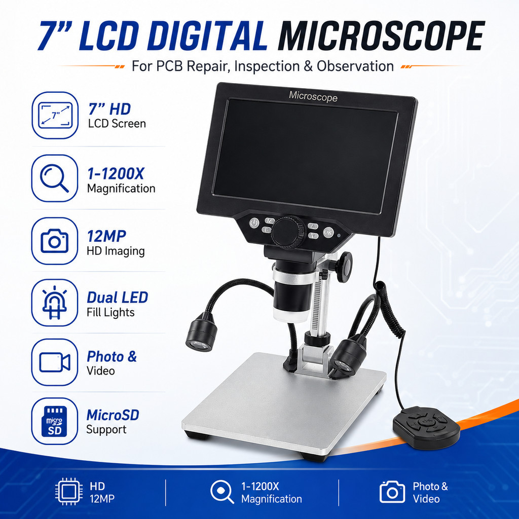 B1200 กล้องจุลทรรศน์ดิจิตอลขนาด 7 นิ้ว 1200X 12MP LCD PCB ซ่อม CE แบตเตอรี่ในตัว
