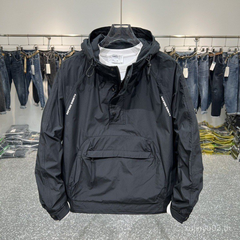 American Overalls Jacket Men ins Street Wear Teenager Loose Half Zipper Hooded Casual Jacket HH4J