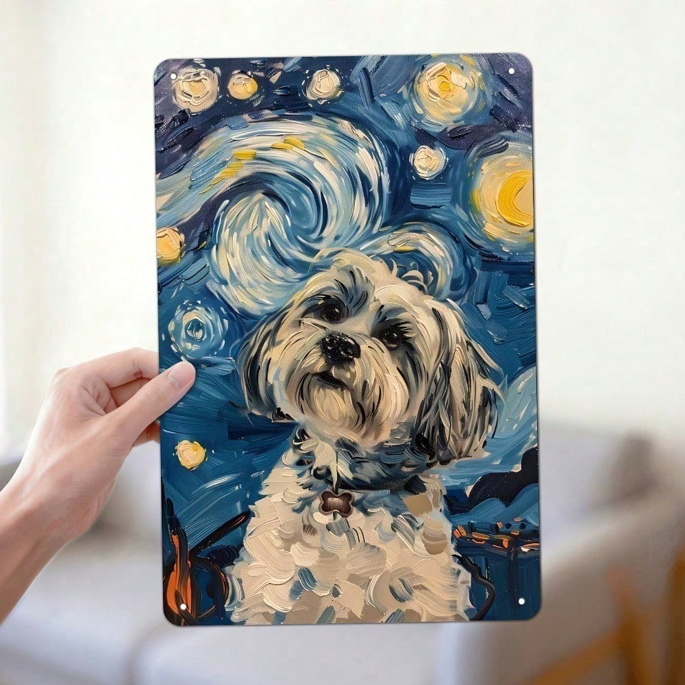 CIFbuy Lhasa Apso Metal Wall Art Starry Night Dog Sign 8x12in