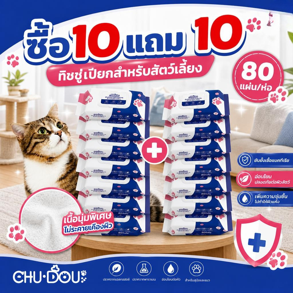 [ซื้อ 10 แถม 10] ทิชชู่เปียก ผ้าเปียก หมา,แมว Pet Wipes 1 แพ็ค 80 แผ่น ซื้อเยอะ สูตรอ่อนโยน ไม่ระคายเคือง เช็ดขี้ตา