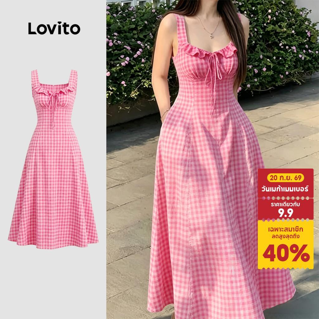 Lovito ชุดเดรสโบโฮจับจีบ สีชมพูสําหรับฤดูใบไม้ผลิ/ฤดูร้อน ชุดเดรสผู้หญิง L198ED207