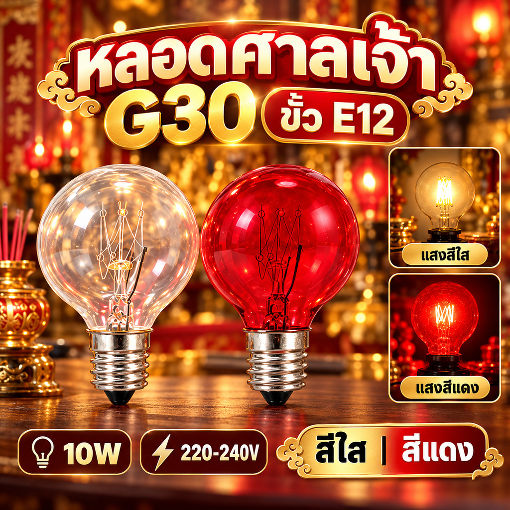 Zeazon หลอดศาลเจ้า G30 ขั้ว E12 10W 220-240V หลอดตี่จู่เอี๊ยะ หลอดเจ้าที่ หลอดปิงปอง สีใส สีแดง เลือกสีได้