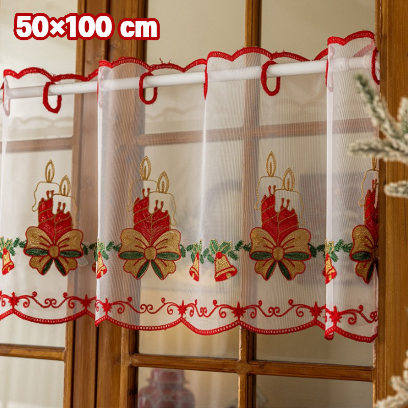 COD 50*100cm ผ้าม่านครึ่งหน้าต่าง ผ้าม่านคริสต์มาส ผ้าม่านสั้น รูปแบบคริสต์มาส ลูกไม้สั้น ผ้าโปร่ง ตกแต่งคริสต์มาส
