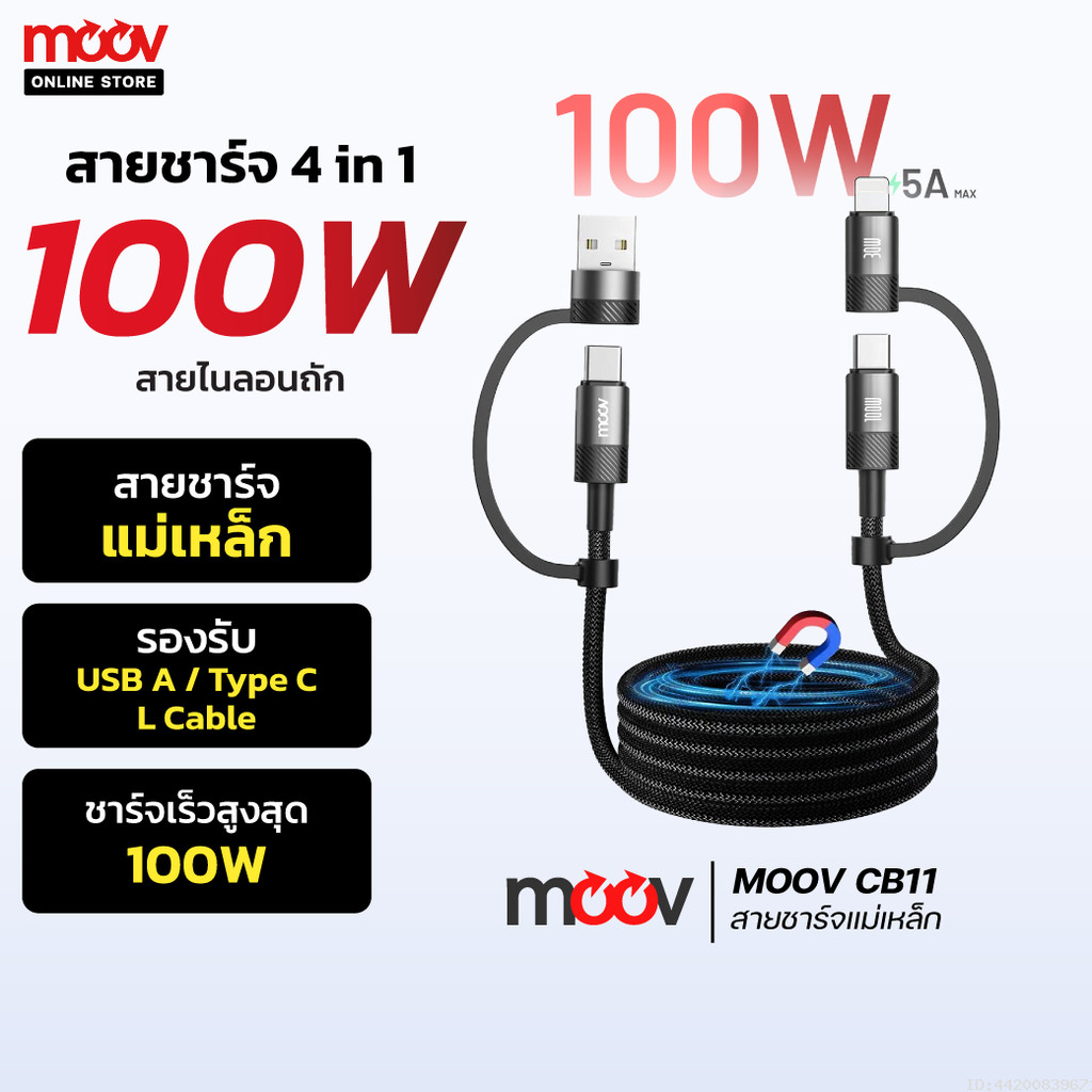 [224บ.โค้ดคุ้ม] Moov CB11 สายชาร์จแม่เหล็ก 4 in 1 USB Type C ชาร์จเร็ว PD 100W / 60W สายชาจ typ c สา