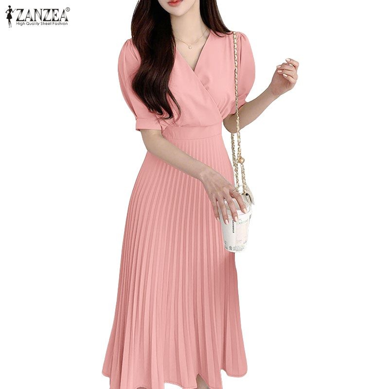 ZANZEA ชุดเดรสแขนพัฟคอวีสไตล์เกาหลีหรูหรา