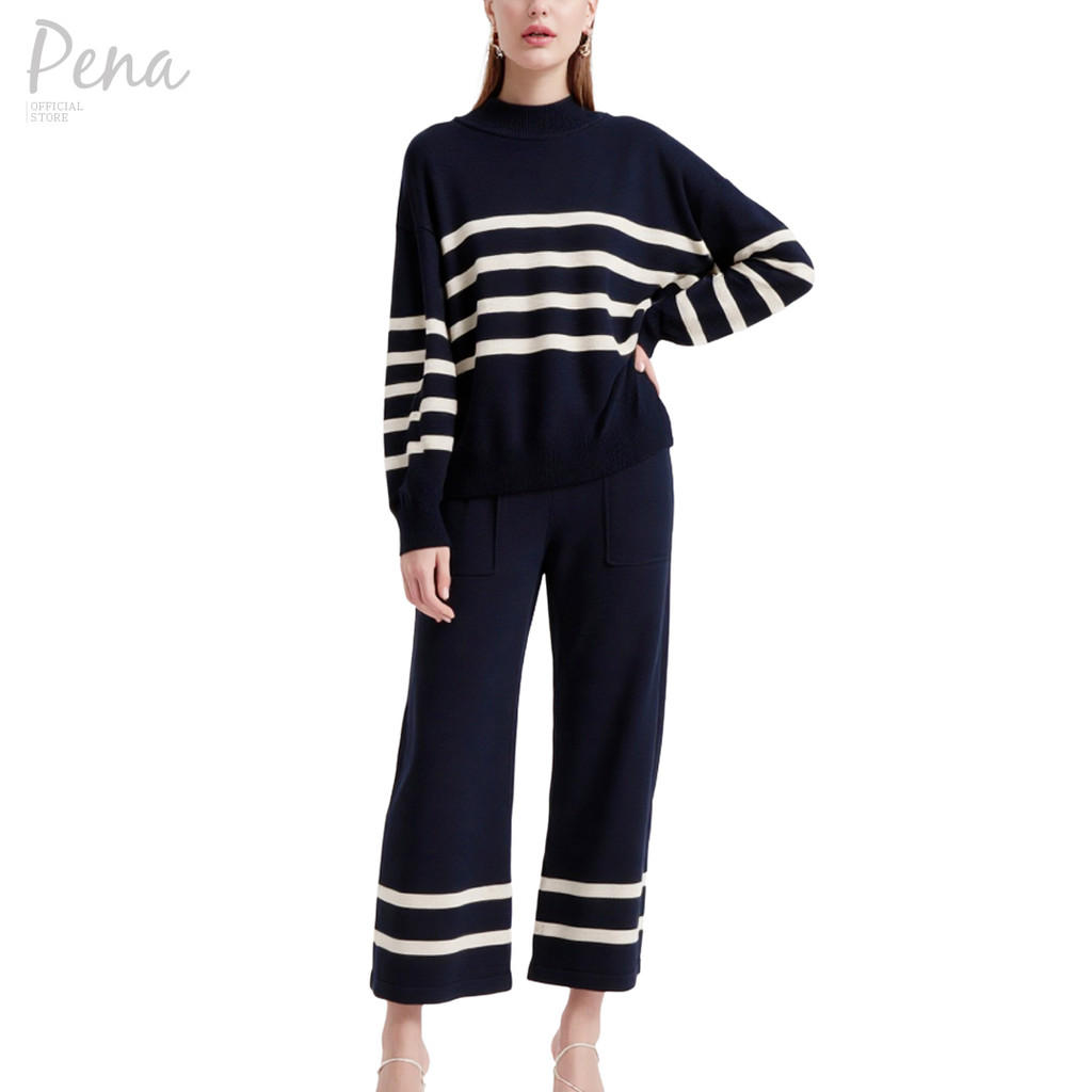 Pena house ชุดเซต Knit Wear ลายขวางสปอร์ต คอเต่าครึ่ง PWLW102504
