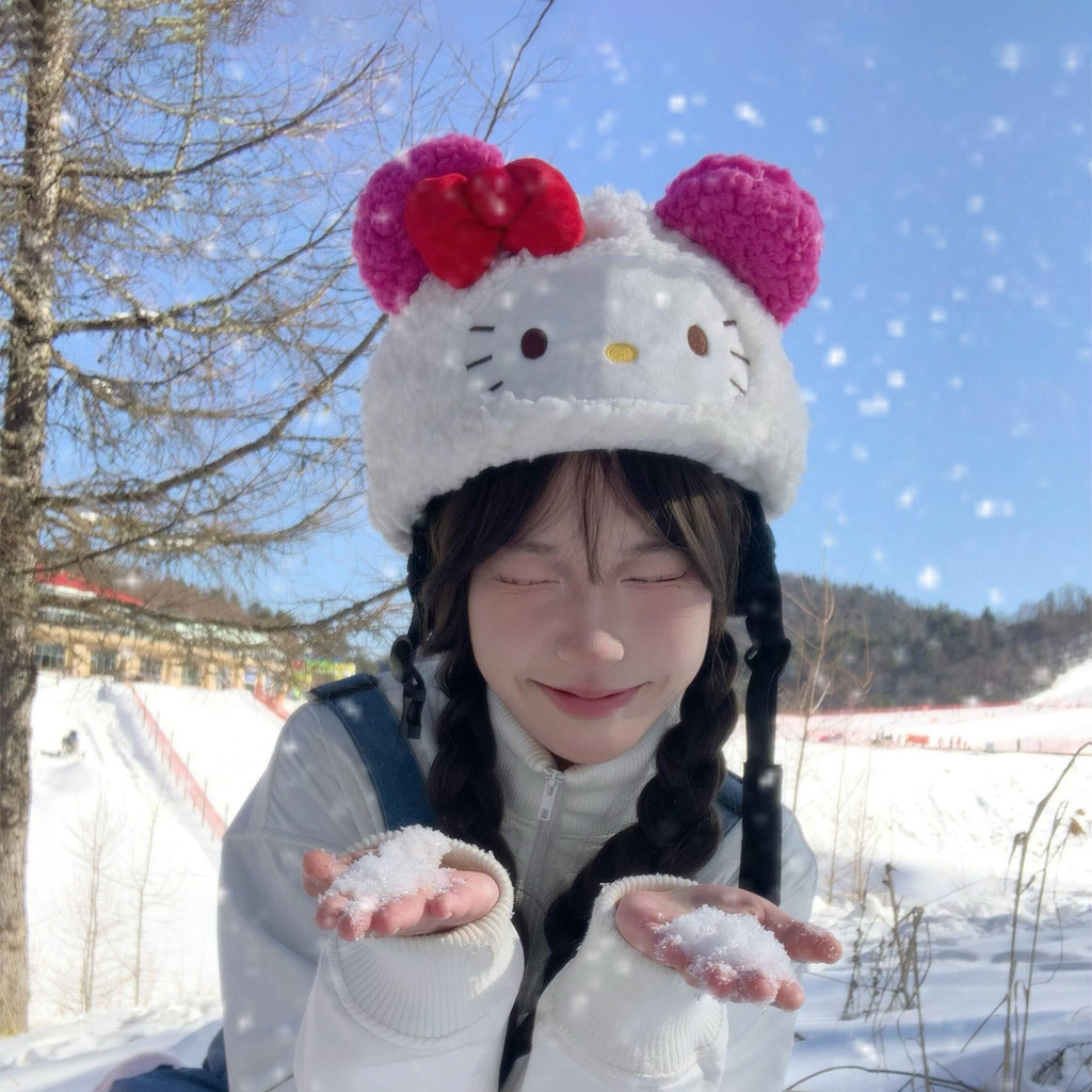 หมวกกันน็อคสกีตกแต่งวีเนียร์ แบบคิตตี้ ออกแบบน่ารัก อุปกรณ์ป้องกันอบอุ่นสำหรับเล่นสกี - รูปที่ 2