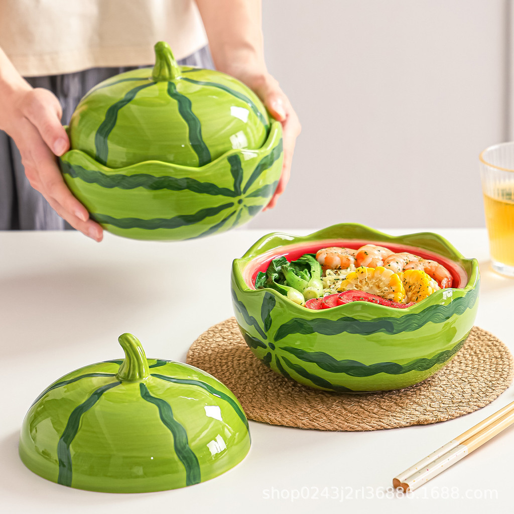 Watermelon ชามบะหมี่กึ่งสําเร็จรูปพร้อมฝาปิด 2 ครัวเรือน One-Person อาหารซุปชามก๋วยเตี๋ยวเซรามิคหอยทากชามก๋วยเตี๋ยว High-value Tableware