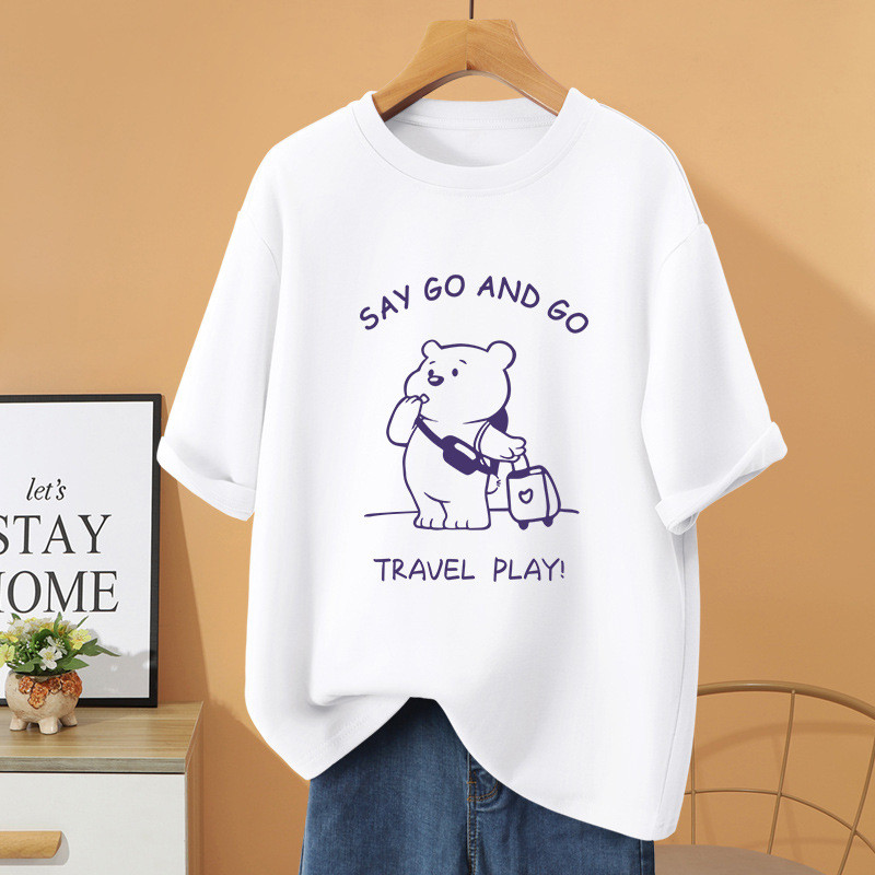 เสื้อยืดผ้าฝ้ายแท้แขนสั้นสำหรับผู้หญิงไซส์ใหญ่ ทรงคลายอเมริกัน เหมาะสมกับฤดูร้อน