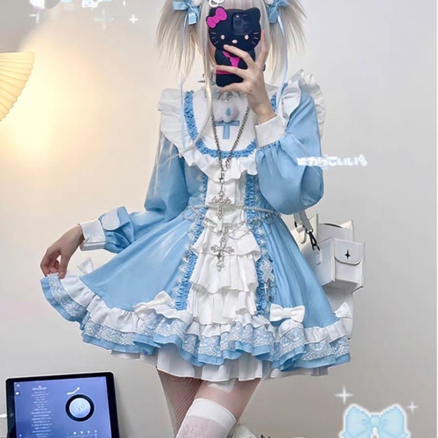 Gothic Nun Style lolita Dress lolita Sweet Cool Fluffy Christmas Princess Dress Black White & Blue W