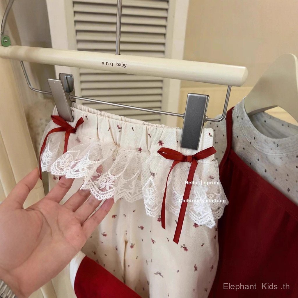 สาวฤดูใบไม้ร่วงสลิงสีแดง จุดต่ําสุด เสื้อด้านบนดอกไม้ตรงกางเกงขากว้างสูทชุดสองชิ้น - รูปที่ 4