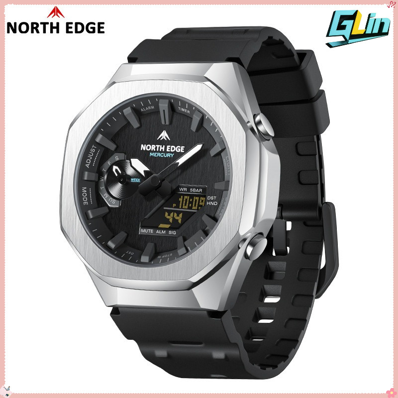  NORTH EDGE MERCURY Mens 50M นาฬิกาดิจิตอลกันน้ํานาฬิกาจับเวลา World Time LED กีฬานาฬิกาข้อมือผู้ชาย