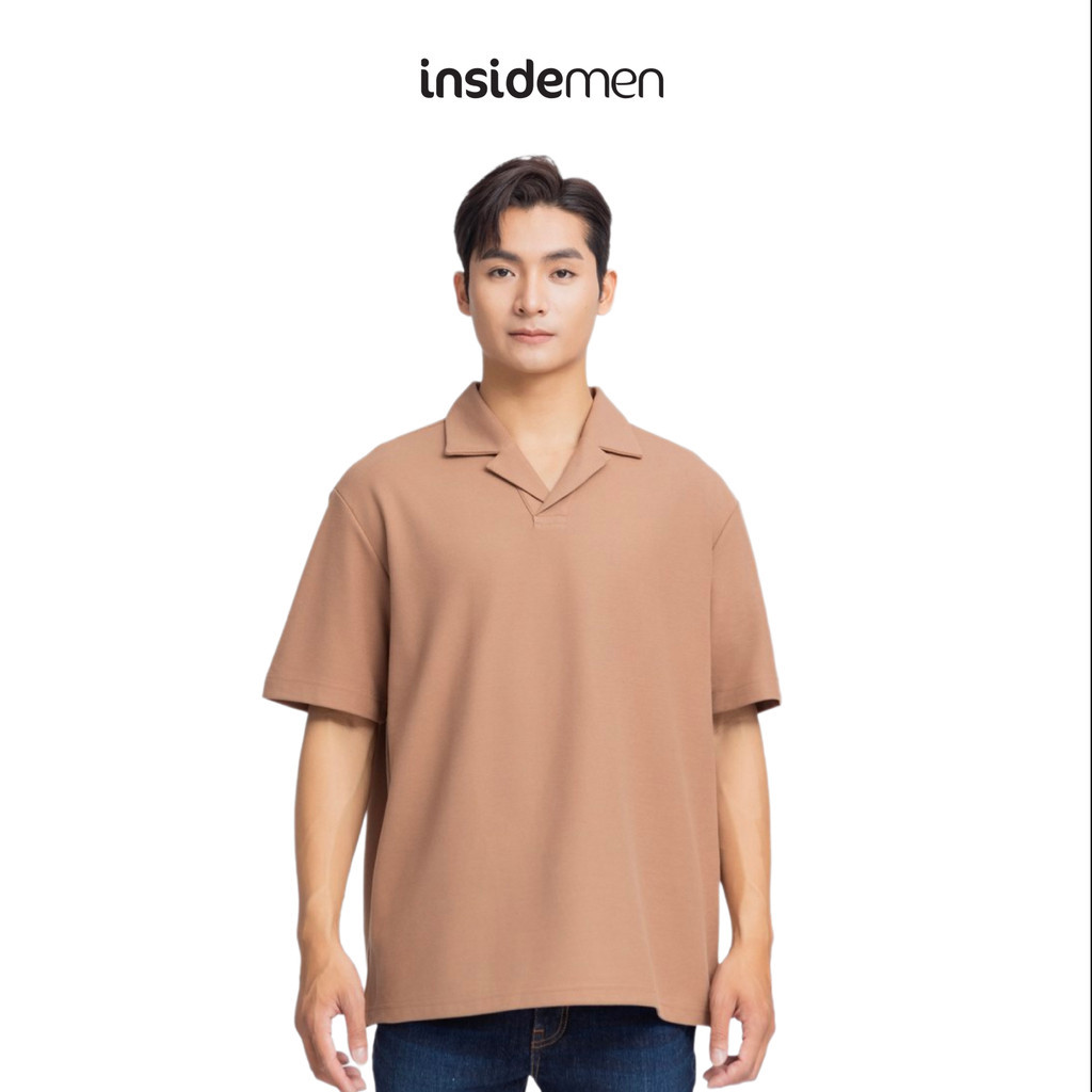 INSIDEMEN - เสื้อโปโล Unisex พร้อมคอปกเปิดลงในสีพื้นฐาน แขนหลวม หลายสี IPS089S3
