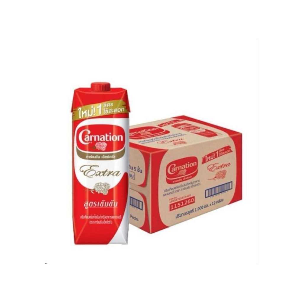 Carnation Extra นมสดคาร์เนชั่น extra นมข้นจืด ขนาด1Lt (แบบยกลัง 12 กล่อง)