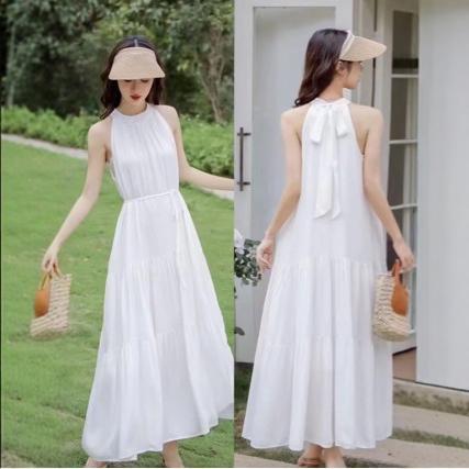 ชุดเซ็ทไปทะเล ชุดคู่ไปทะเล สามารถ Tie-Dye Plant Dye Halter คอผ้าฝ้ายวัสดุ Classy หลวม Lace-Up ปรับ N