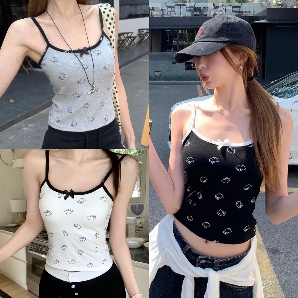 💘Bonnie💘เสื้อสายเดี่ยว ลายน้อแมวสาว เสริมฟองน้ำ ยืดพอดี เสื้อครอป สไตล์เกาหลี แฟชั่นสำหรับผู้หญิง