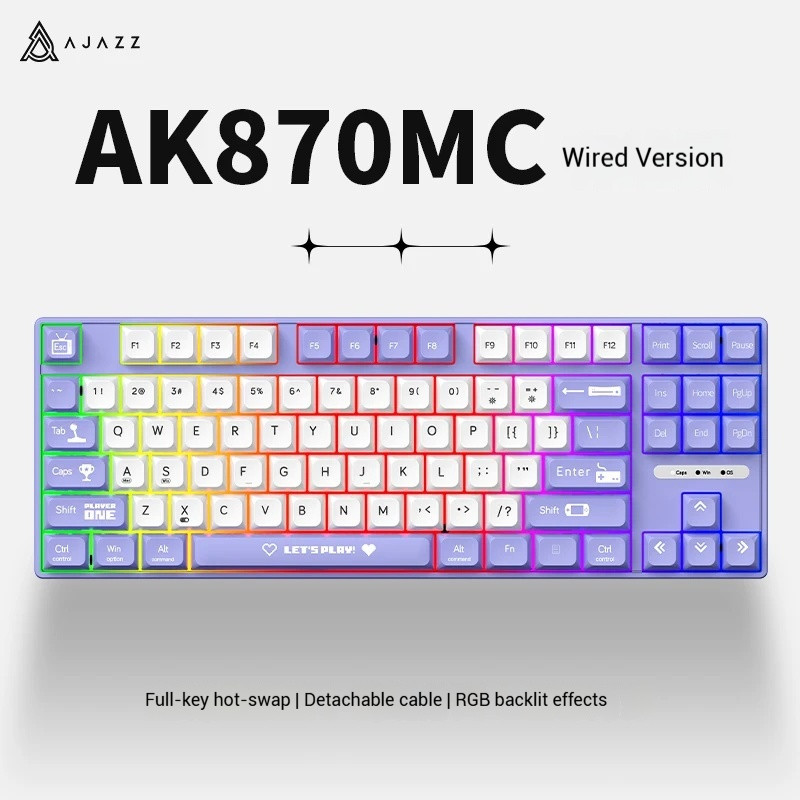 Ajazz AK870MC Wired Mechanical Keyboard Esports Game Hot Swappable RGB Backlight Small Keyboard Tea 