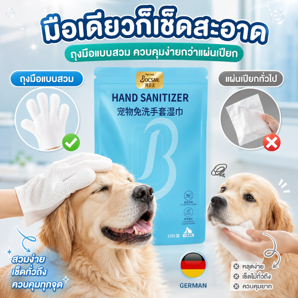 ถุงมือเปียกสัตว์เลี้ยง 10 แผ่น เช็ดตัว เช็ดเท้า เช็ดก้น ใช้ง่าย พกสะดวก