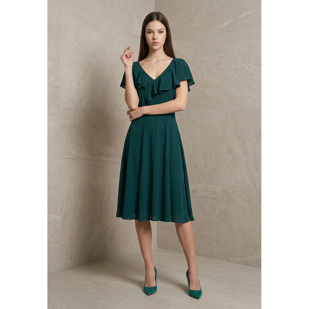 BebeButterflyแขนสั้นคอวีชีฟอง Midi Dinner Dress - DD3990