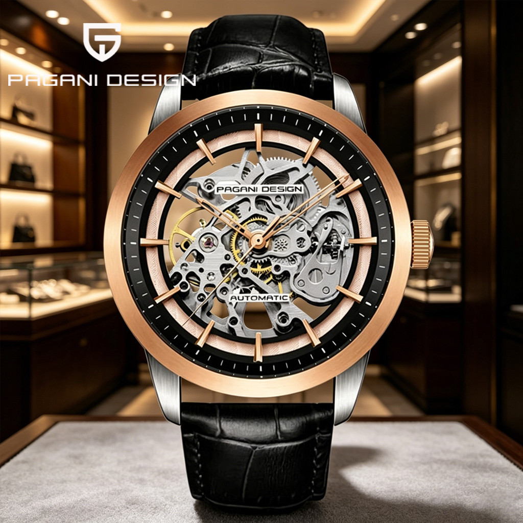PAGANI DESIGN นาฬิกาข้อมือผู้ชายระบบอัตโนมัติ สายหนังแท้ กันน้ำ กระจกสังเคราะห์ นาฬิกาลำลอง PD-1638