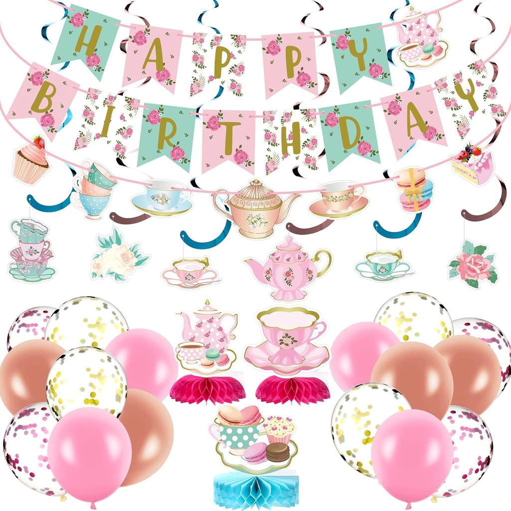 Panelee 33 ชิ้น Tea Party ตกแต่งวันเกิดดอกไม้ Happy Birthday แบนเนอร์กาน้ําชา,กาน้ําชารังผึ้ง Center