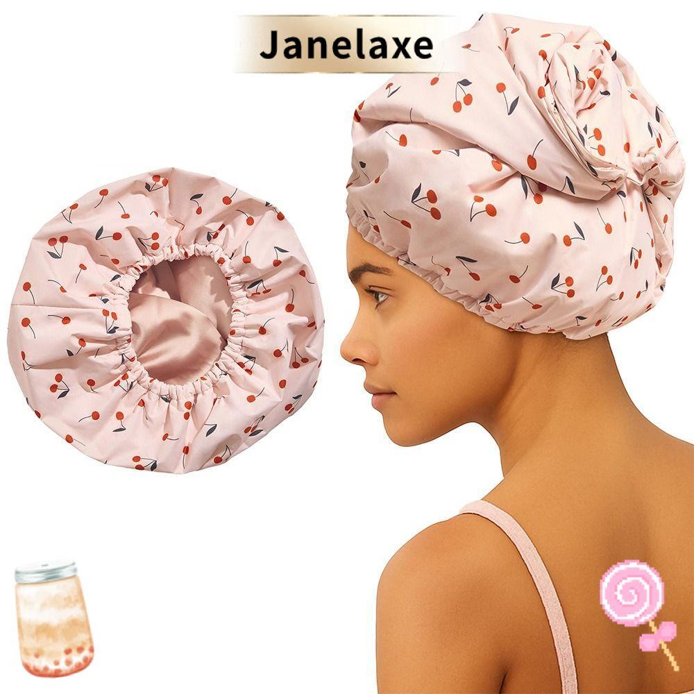 JANELAXE ผู้หญิงแสดงหมวก, หมวกอาบน้ํากันน้ําสามชั้น, ยางยืดร้อนพร้อมซับผ้าไหมหมวกอาบน้ําขนาดใหญ่สําหรับผมยาวหนาอาบน้ํานุ่ม