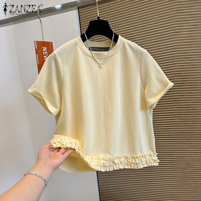 ZANZEA ซานเซีย เสื้อเบลาส์คอกลมแขนสั้นทรงหลวมแข็งแบบลําลองเกาหลีสําหรับผู้หญิง — صورة 5