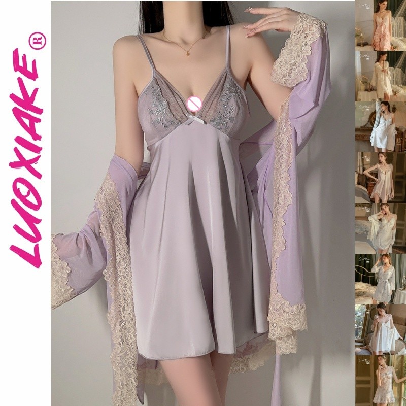 LUOXIAKE ชุดนอนเซ็กซี่ผ้าไหมซาตินลูกไม้ Silky สําหรับผู้หญิง Sheer ตาข่าย Sleep Dress Tie Robe Set