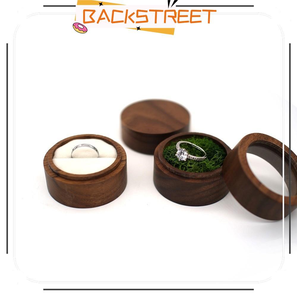 BACKSTAGE Round Ring Box, Transparent Cover Portable Wedding Rings Box, Brown Wooden Ring Display Bo