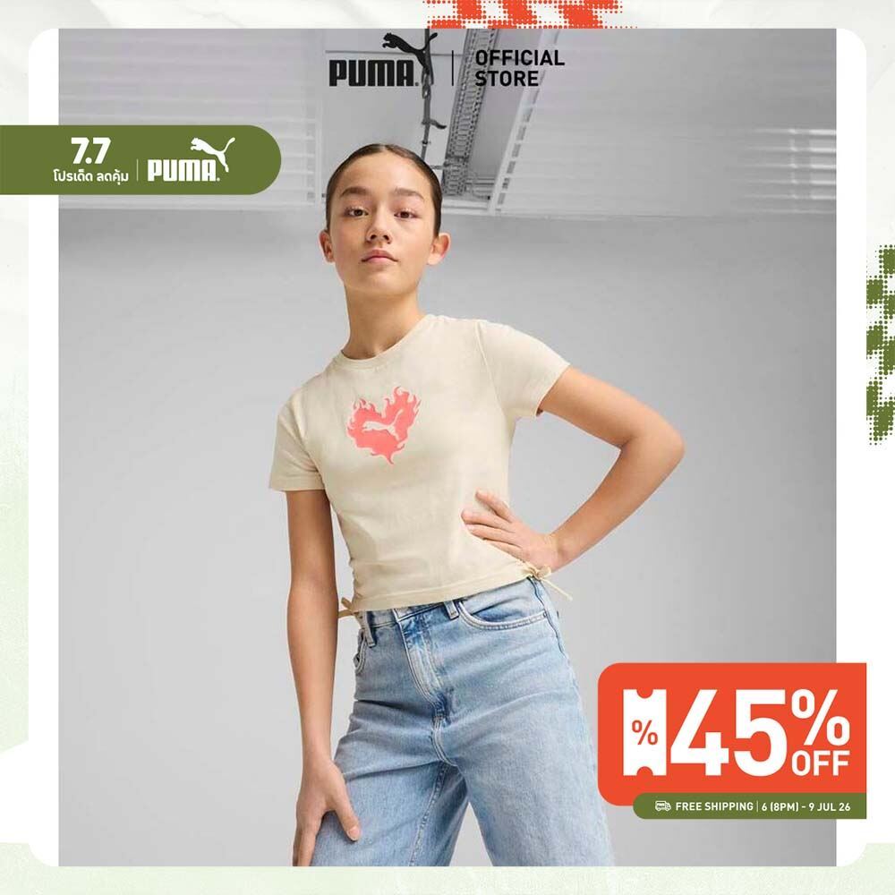PUMA Kids เสื้อยืดผูกโบว์ FLAMING LOVE สำหรับวัยรุ่น สีขาว - 68510887