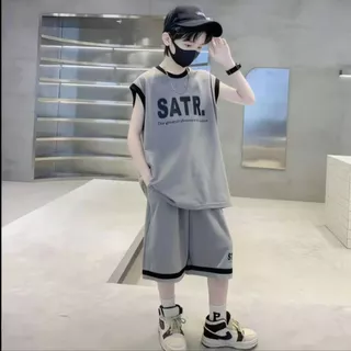 ชุดกีฬาเด็กผู้ชายฤดูร้อนสไตล์เกาหลี แห้งเร็ว ชุดเสื้อกล้ามเสื้อสั้นกางเกงขาสั้นเด็กโต